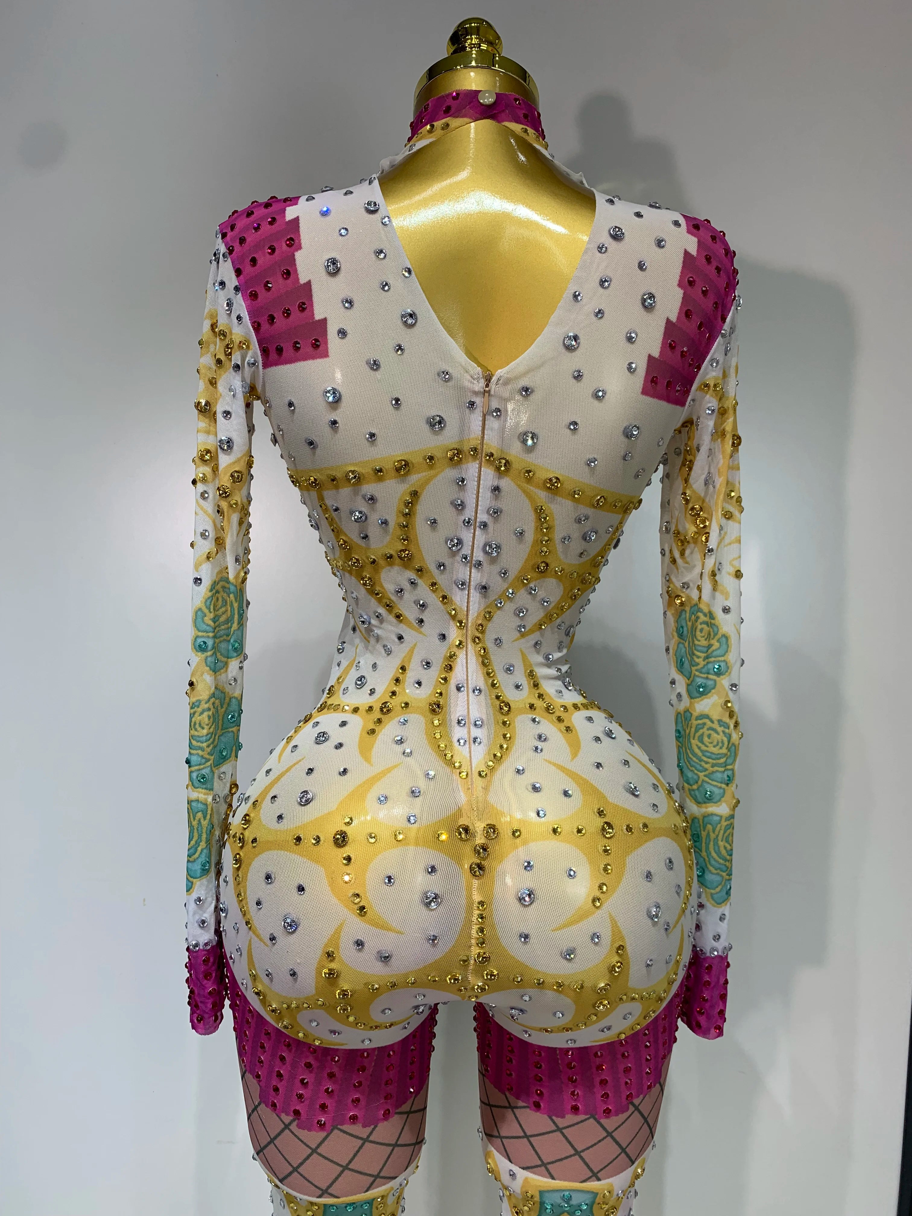 Sparkly Rhinestones Jumpsuit Fashion High Street Sexy Printed Stretch Dance Costume Singer Nightclub Stage Perform Outfit