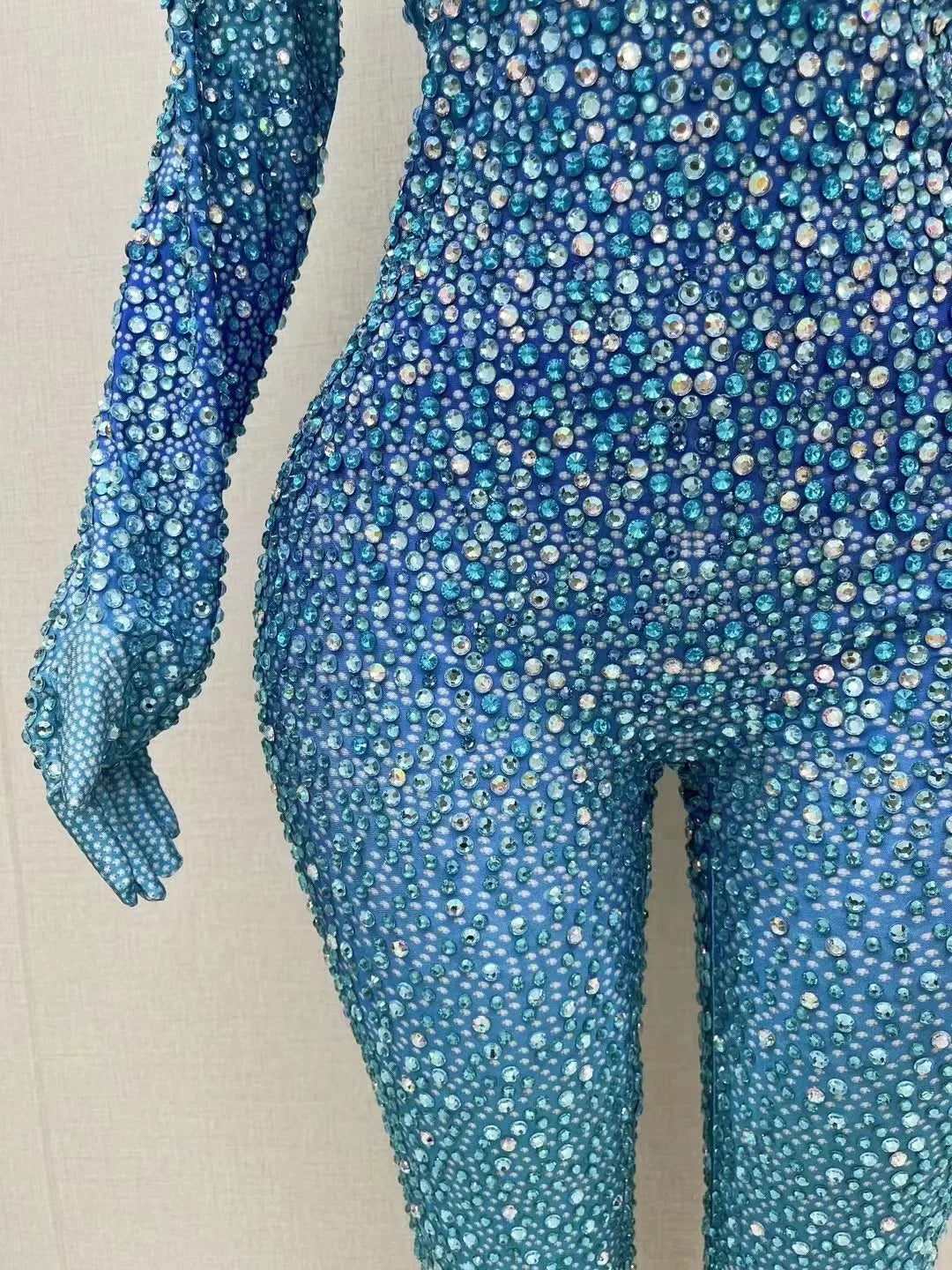 Sexy Stage Costume Full Rhinestones Long Sleeves Gloves Jumpsuit Evening Fashion Show Outfit Women Dance Photoshoot Bodysuit