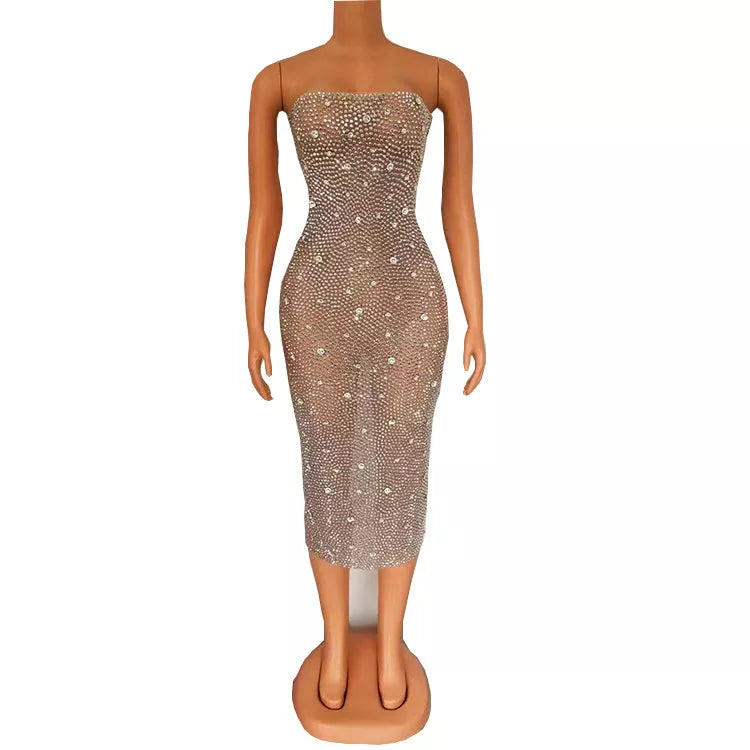 Shining Silver Full Rhinestones Evening Celebrate Dress Dancer Show Stage Costume Prom Party Dresses