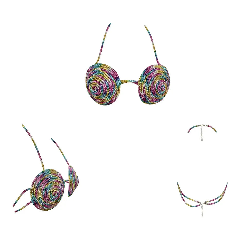 Rainbow Color Super Flash Rhinestone Diamond Rope Bra Halter Neck Backless Short Sexy Hot Girl Red Carpet Show