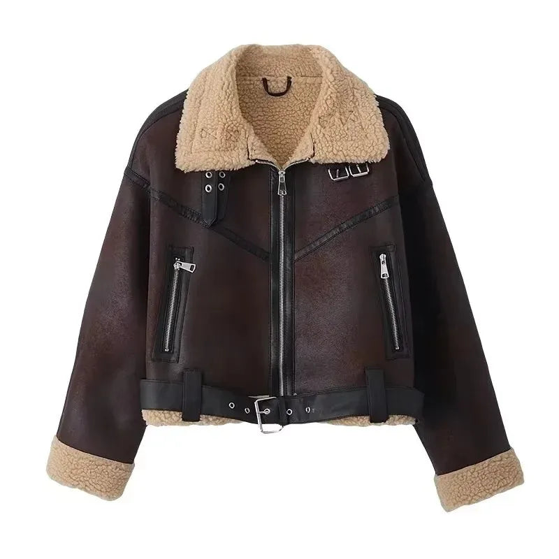 Woman's Fashion Thick Warm Faux Shearling Jacket Coat Vintage Long Sleeve Belt Hem Female Outerwear Chic Tops