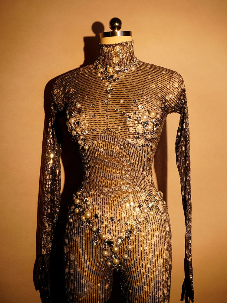 Sexy Black Sequined Jumpsuit Rhinestone Bodysuit Long Sleeves Club Rave Pole Stage Drag Queen Festival Outfits Halloween