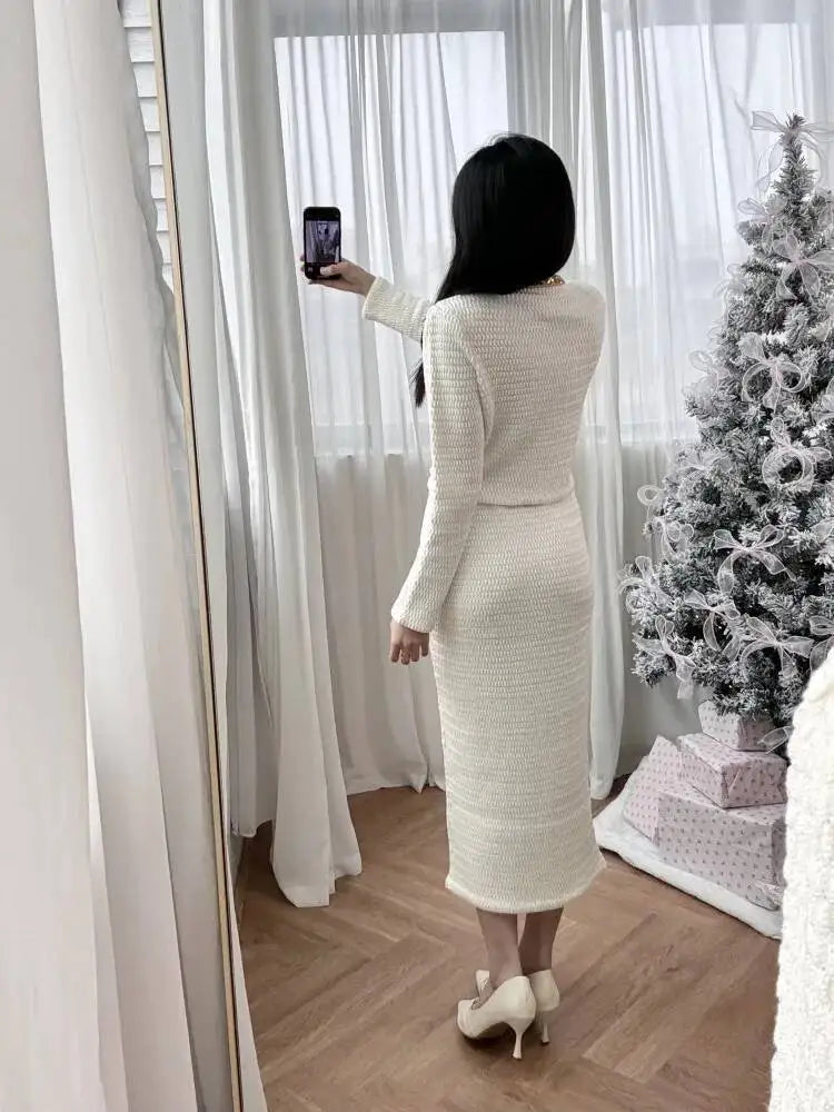 Luxury Crystal Long Evening Dresses Women 2 Piece Women Skirt Suits Beading Knitting Cardigans Sweater Long Pencil Skirts Sets