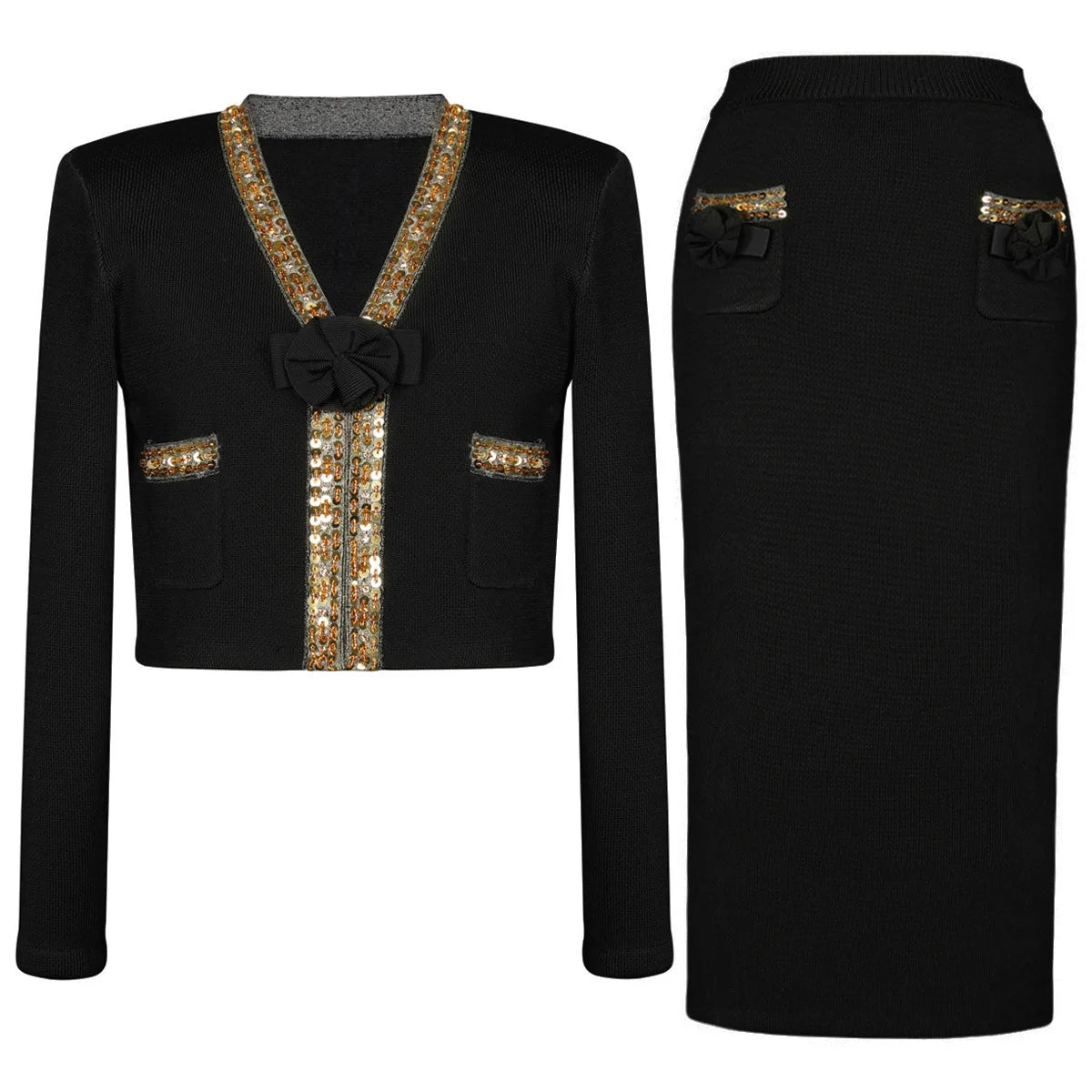 Luxury Crystal Long Evening Dresses Women 2 Piece Women Skirt Suits Beading Knitting Cardigans Sweater Long Pencil Skirts Sets