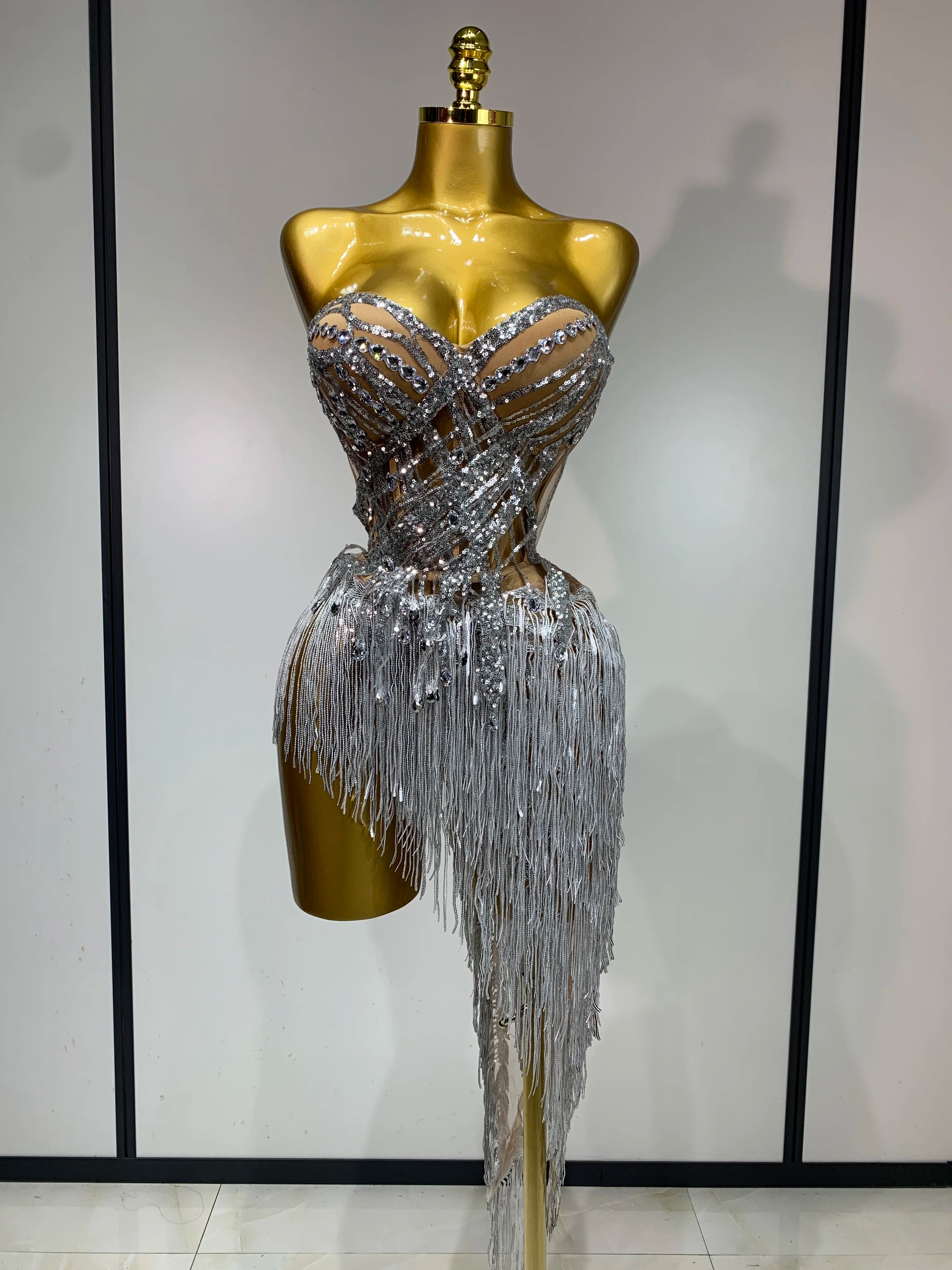 Women Sexy Singer Dancer Performan Costume Nightclub Bar Girl Sparkly Diamond Tassel Two Piece Set Evening Party Outfit