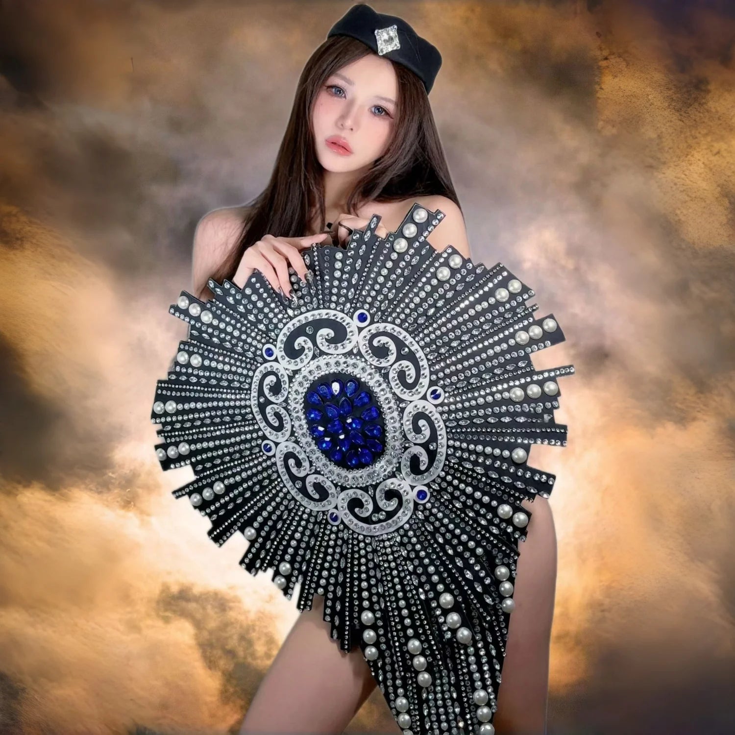 Showgirl Dance Sparkly Rhinestone White Pearls Black Bodysuit Club Drag Queen Performer Wear Masquerade Dress-up Outfit