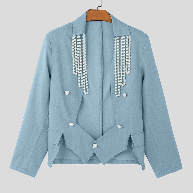 Tops American Style Fashion Men Pearl Decoration Design Suit Casual Simple Male Solid Long Sleeved Blazer