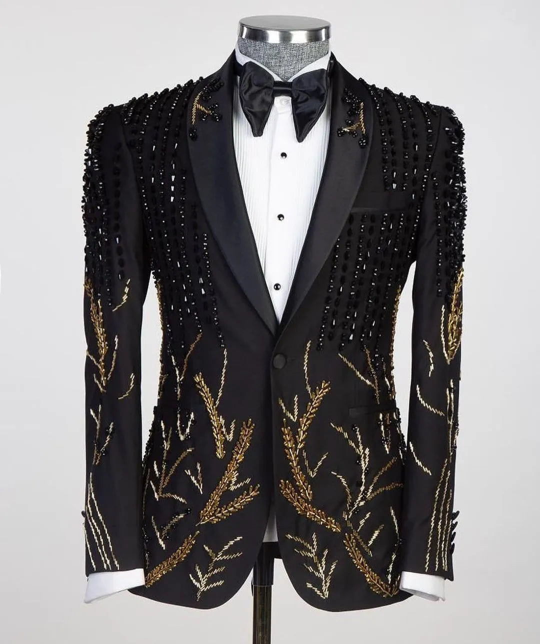 Luxury Men's Suits Tailored 2 Pieces Blazer Pants One Button Sheer Satin Lapel Appliques Beads Diamonds Custom Made Plus Size