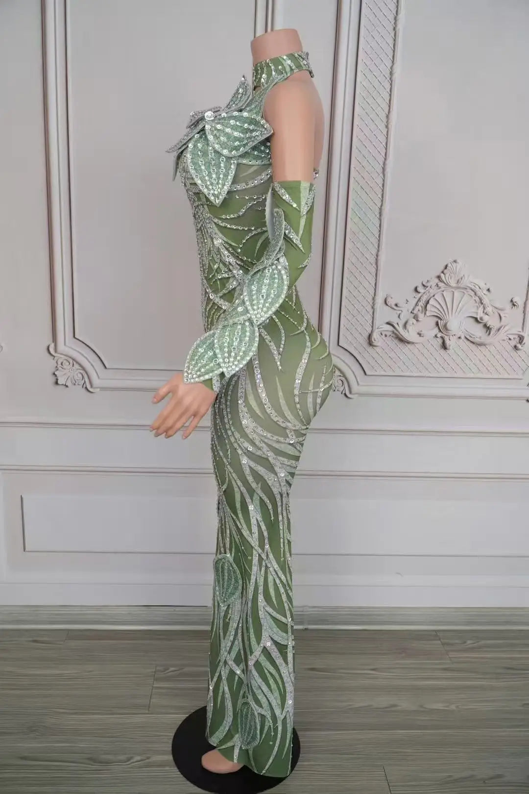 Sparkly Leaf Design Rhinestone Long Dress with Gloves Women Sexy Celebrate Evening Prom Birthday Dress Singer Show Stage Wear