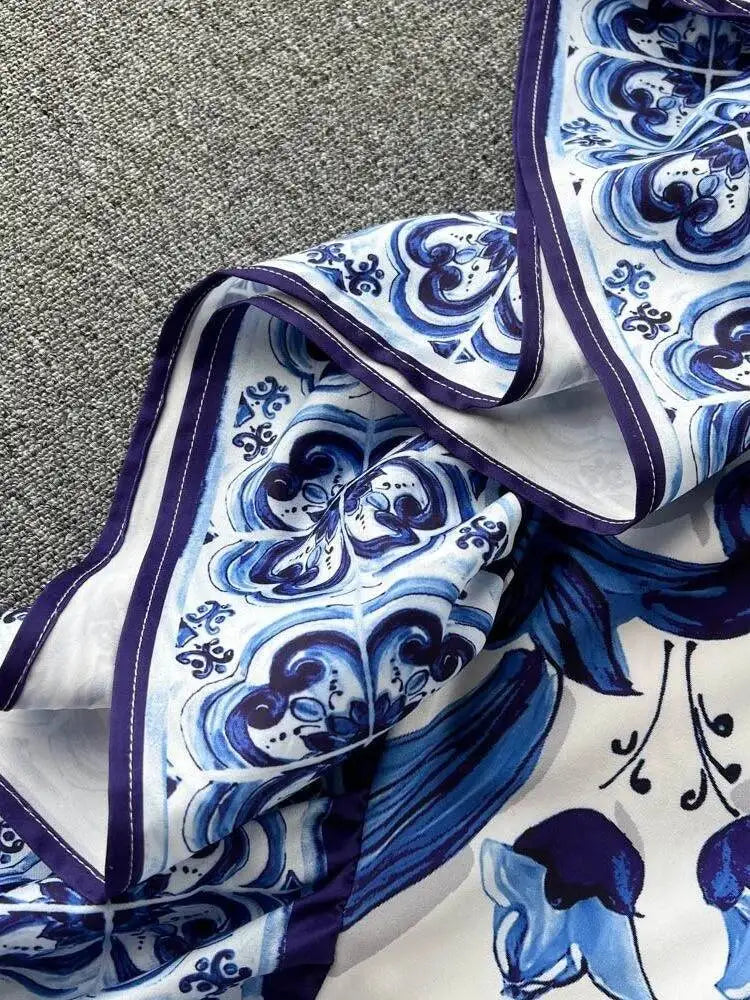 Summer Long Dress Women Runway Blue And White Porcelain Asymmetry Sexy Off The Shoulder Ruffles Hem Loose Robe Maxi Vestidos