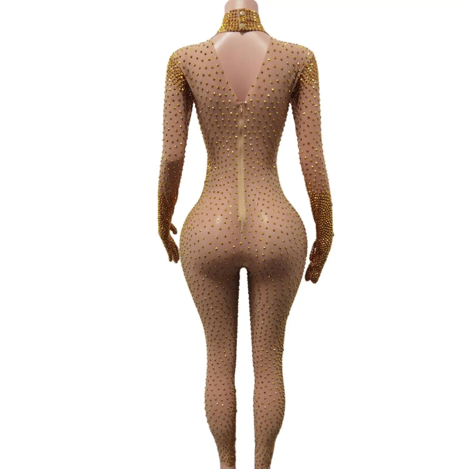 Sexy Shining Gold Rhinestones Jumpsuit Mesh Transparent Birthday Celebrate Bodysuit Nightclub Singer Dance Leggings
