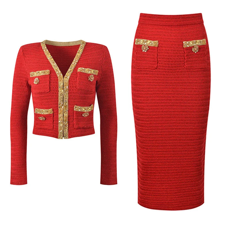 Luxury Crystal Long Evening Dresses Women 2 Piece Women Skirt Suits Beading Knitting Cardigans Sweater Long Pencil Skirts Sets