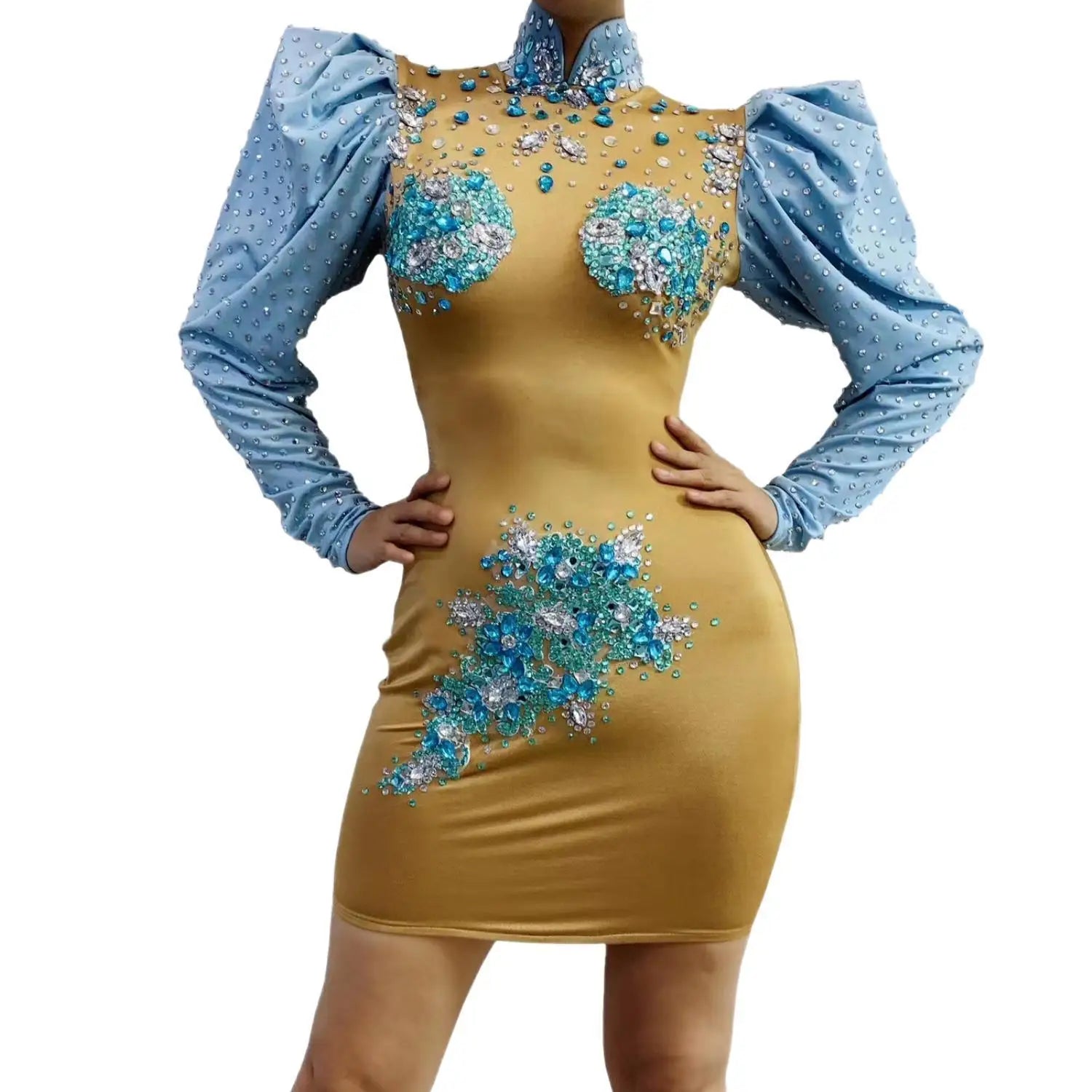 Sparkly Crystals Jumpsuits Women Blue Puff Sleeve Pole Dance Stage Wear Party Costume Nightclub Gogo Drag Queen Outfit