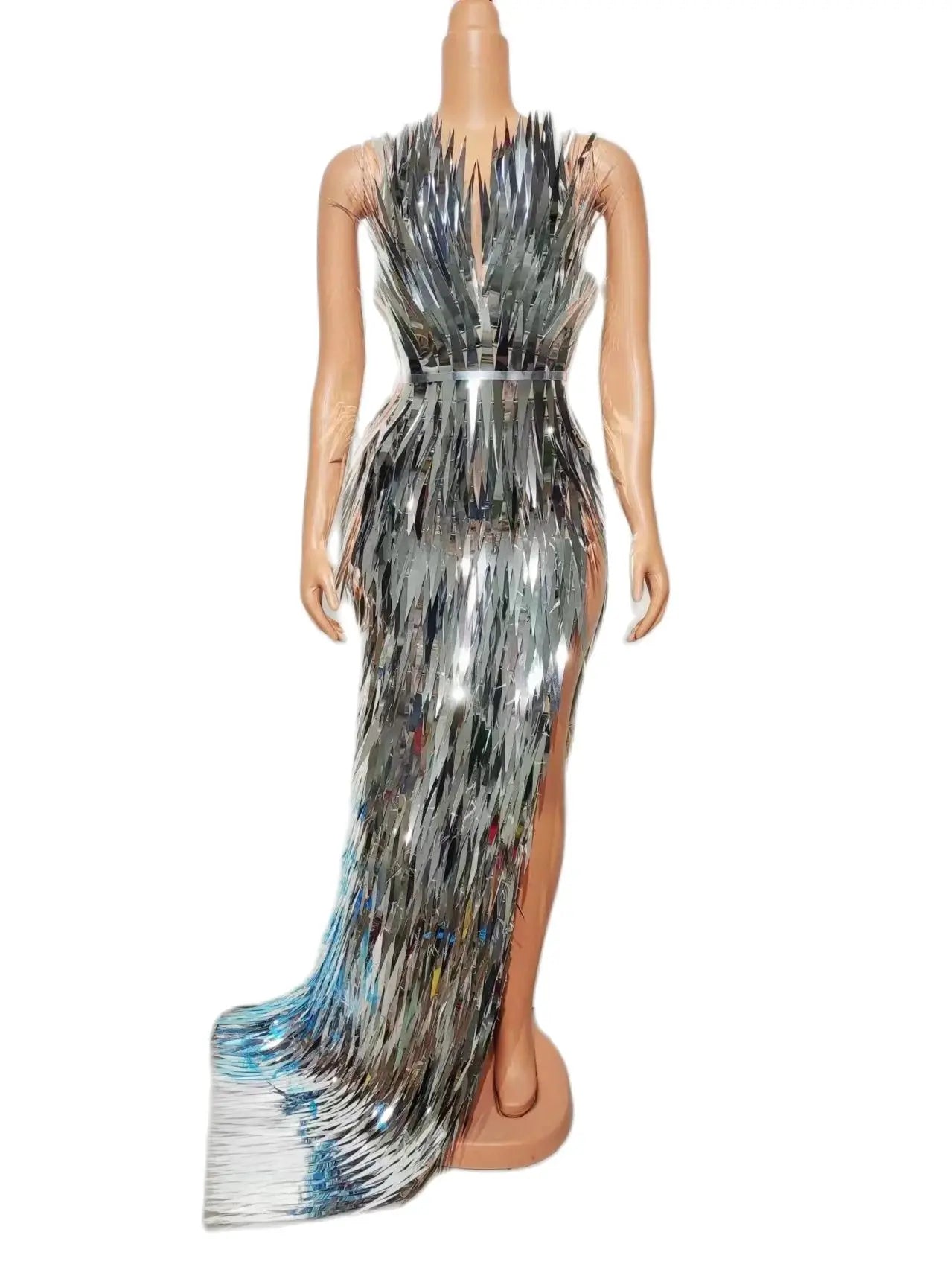 Sexy Stage Shiny Silver Sequins Long Train Tube Dress Evening Prom Birthday Celebrate Dress Women Photo Shoot Wear Stage Costume