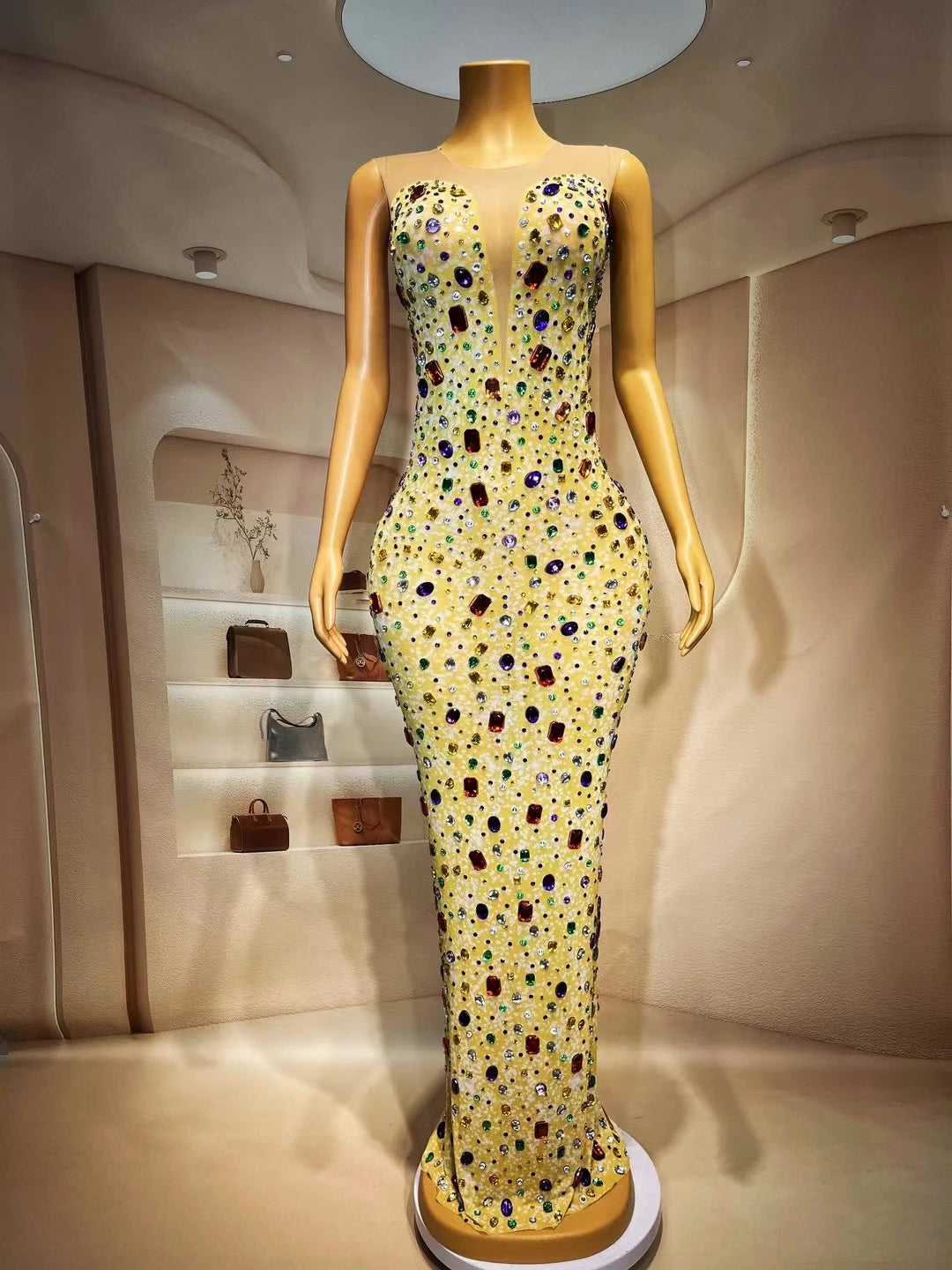 Sparkly Colorful Crystals Luxury Diamond Women Birthday Party Gowns Sexy Sheer Mesh Black Girl Long Prom Dresses