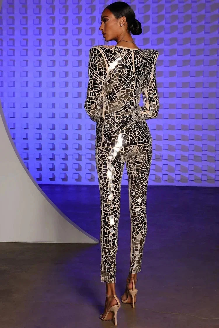 V Neck Mirror Sequin Two Pieces Top and Pant Set Fashion Women's Matching Set Spring Autumn Office Lady Long Sleeve Outfit Set