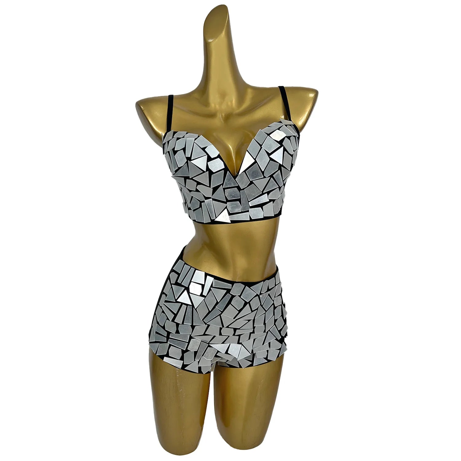 Sexy Mirror 2 Pcs Bikini Shorts Set for Women Summer Beach Celebrate Outfits Las Vegas Show Dance Drag Queen Costume