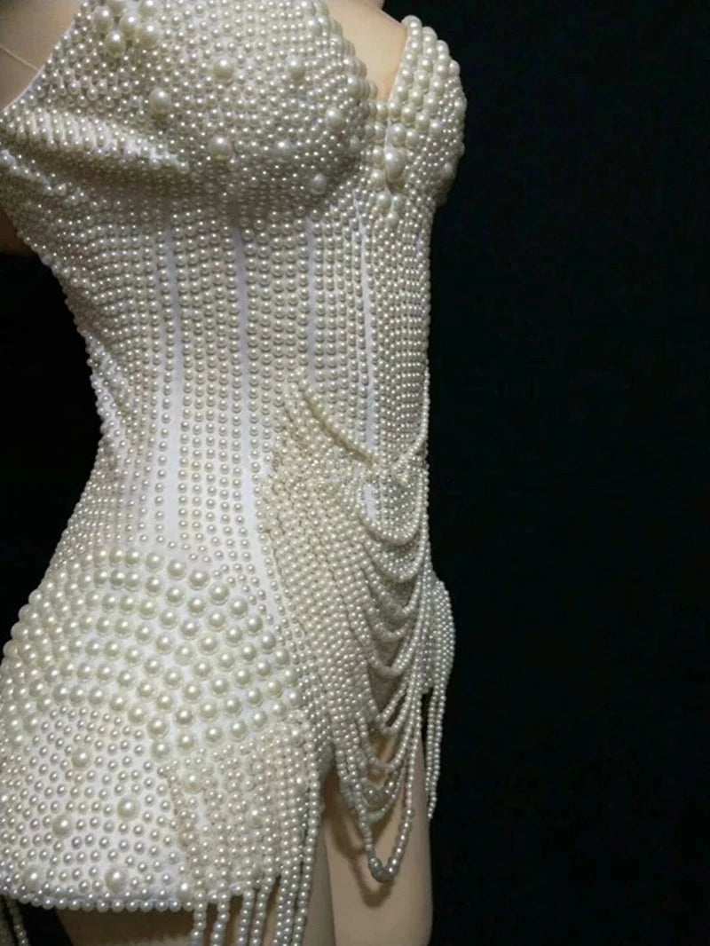New Women White Pearls Beading Bodysuit Jazz Dance Rave Outfit Evening Stage Show Costume Prom Birthday Bar Singer Clothes