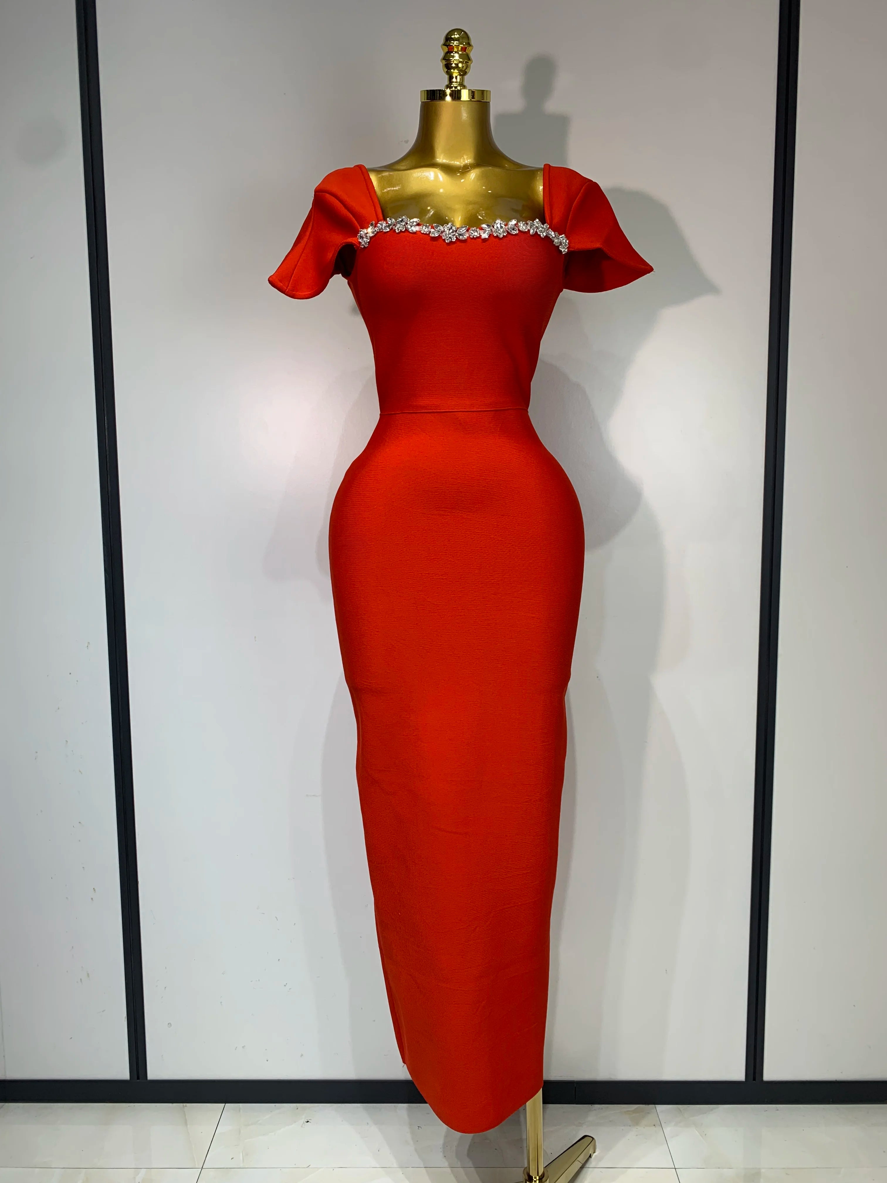 Celebrity Elegant Bandage Long Party Dress Women Sexy Square Collar Stretch Evening Prom Gown Club Luxury Birthday Dresses