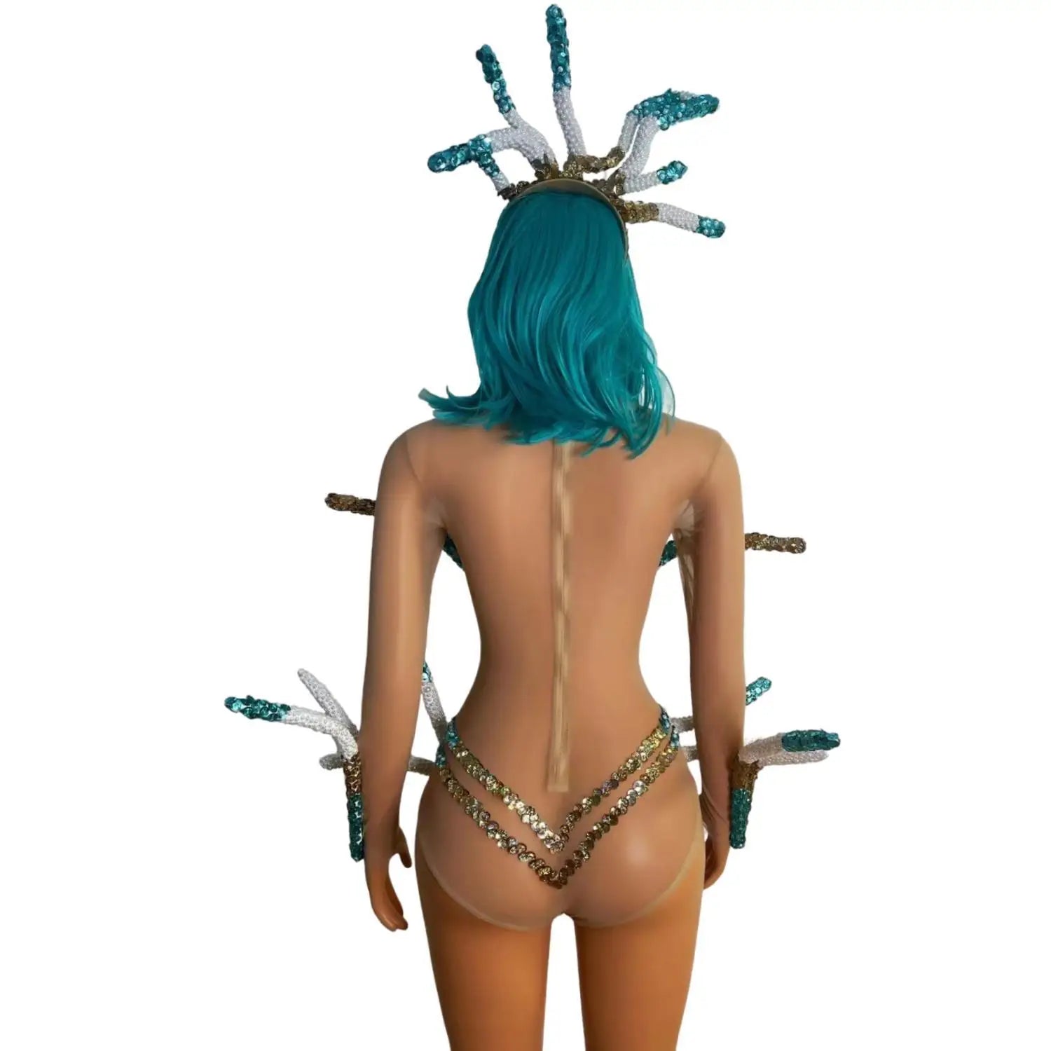 Women Halloween Costumes Crystals Bodysuits Headwear Set gig Party Performance Wear Carnival Rave Festival Drag Costume