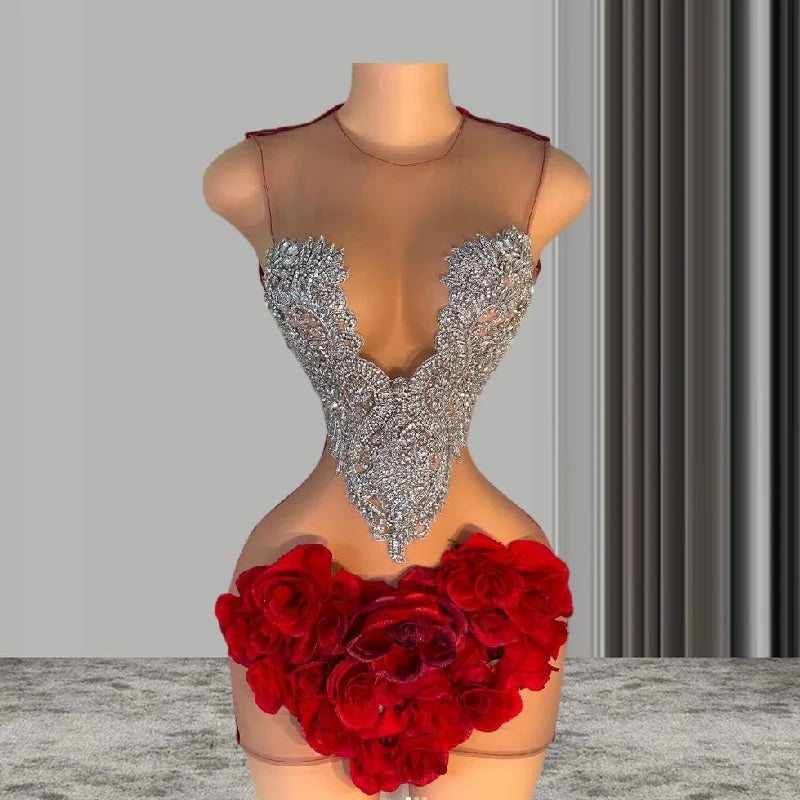 Ruby Red Rose Mini Evening Cocktail Dress for Women Silver Diamond Cryaral See Through Black Girl Birthday Party Gown Prom