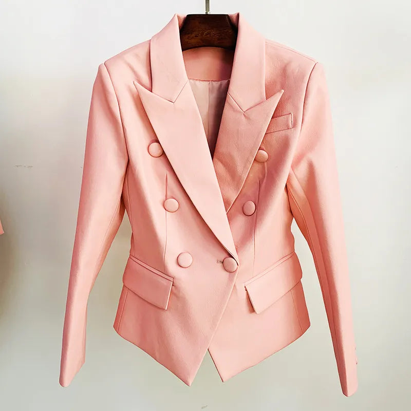 Newest Stylish Runway Designer Jacket Women's Slim Fitting Double Breasted Faux Leather Blazer