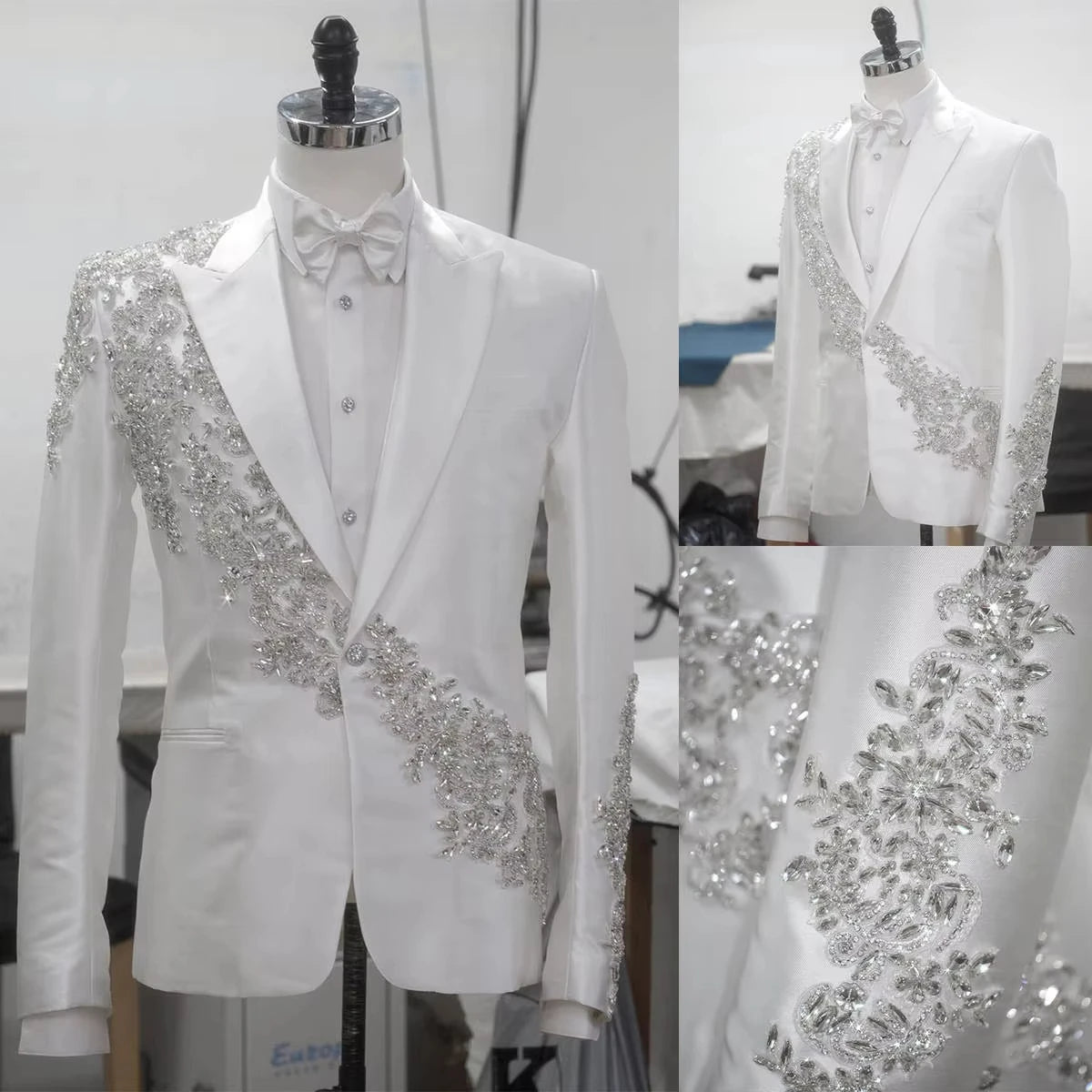 Customized Groom Suits Men's Suits Tailored Appliques Crystals 1-Piece Blazer Peaked Lapel Formal Occasions Party Prom Suits