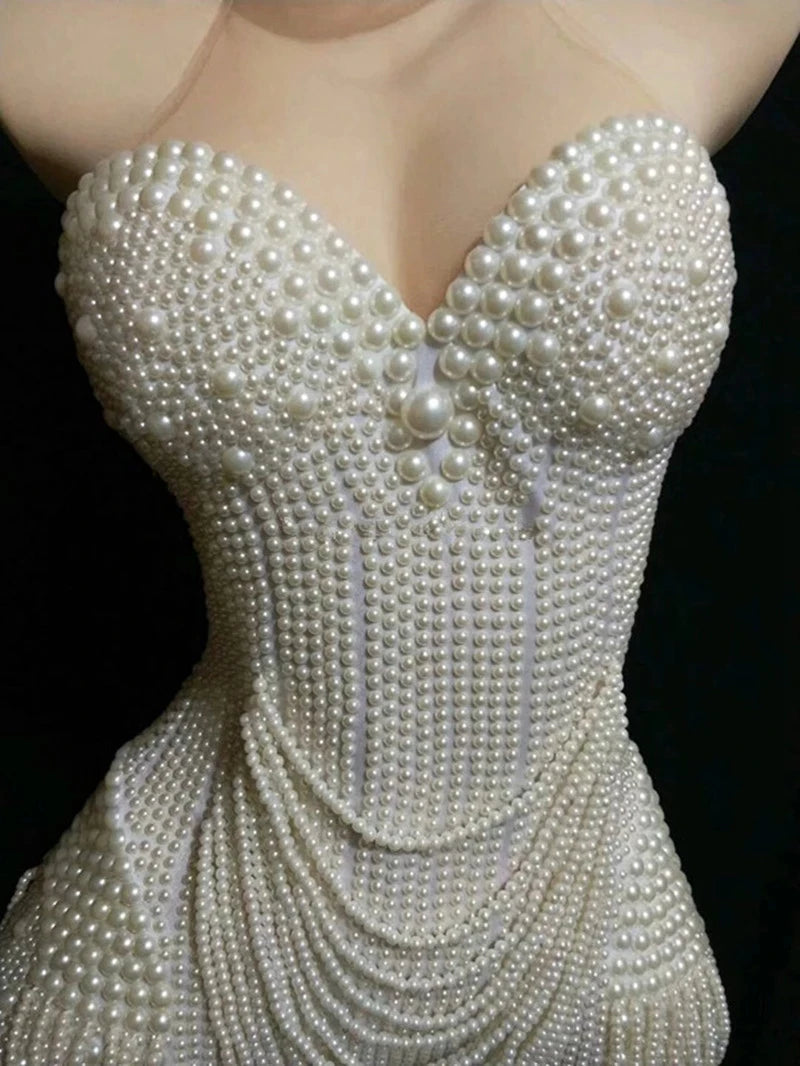 New Women White Pearls Beading Bodysuit Jazz Dance Rave Outfit Evening Stage Show Costume Prom Birthday Bar Singer Clothes