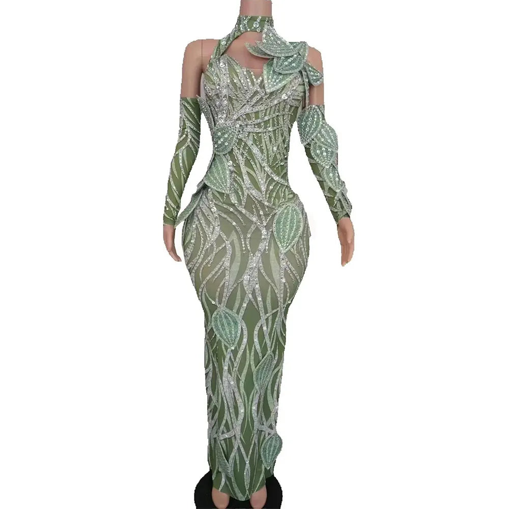 Sparkly Leaf Design Rhinestone Long Dress with Gloves Women Sexy Celebrate Evening Prom Birthday Dress Singer Show Stage Wear