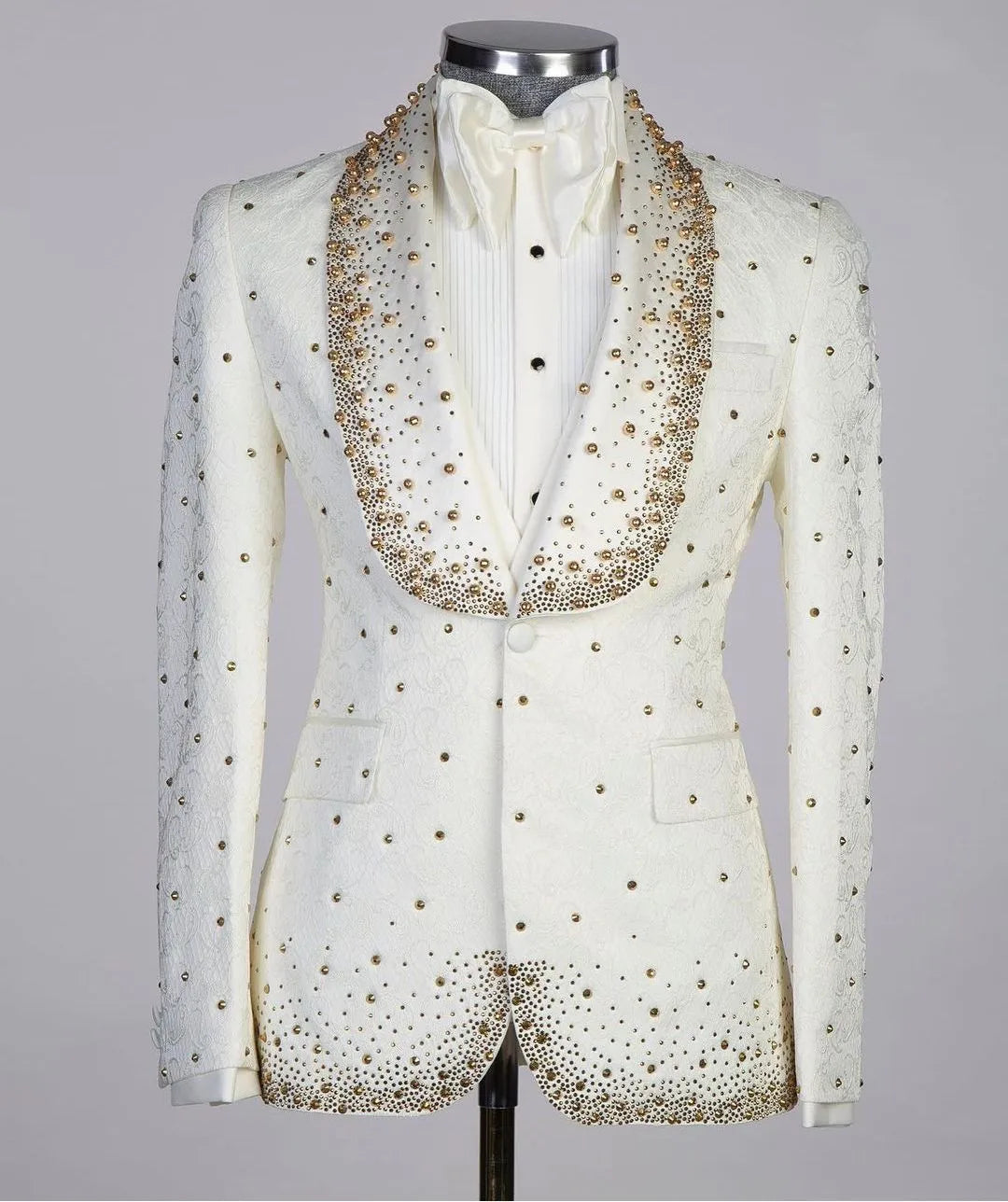Luxury Blazer Vest 2 Pieces Men Suits One Button Wide Lapel Beads Jacquard Sequins Formal Prom Wedding Groom Pearls Tailored