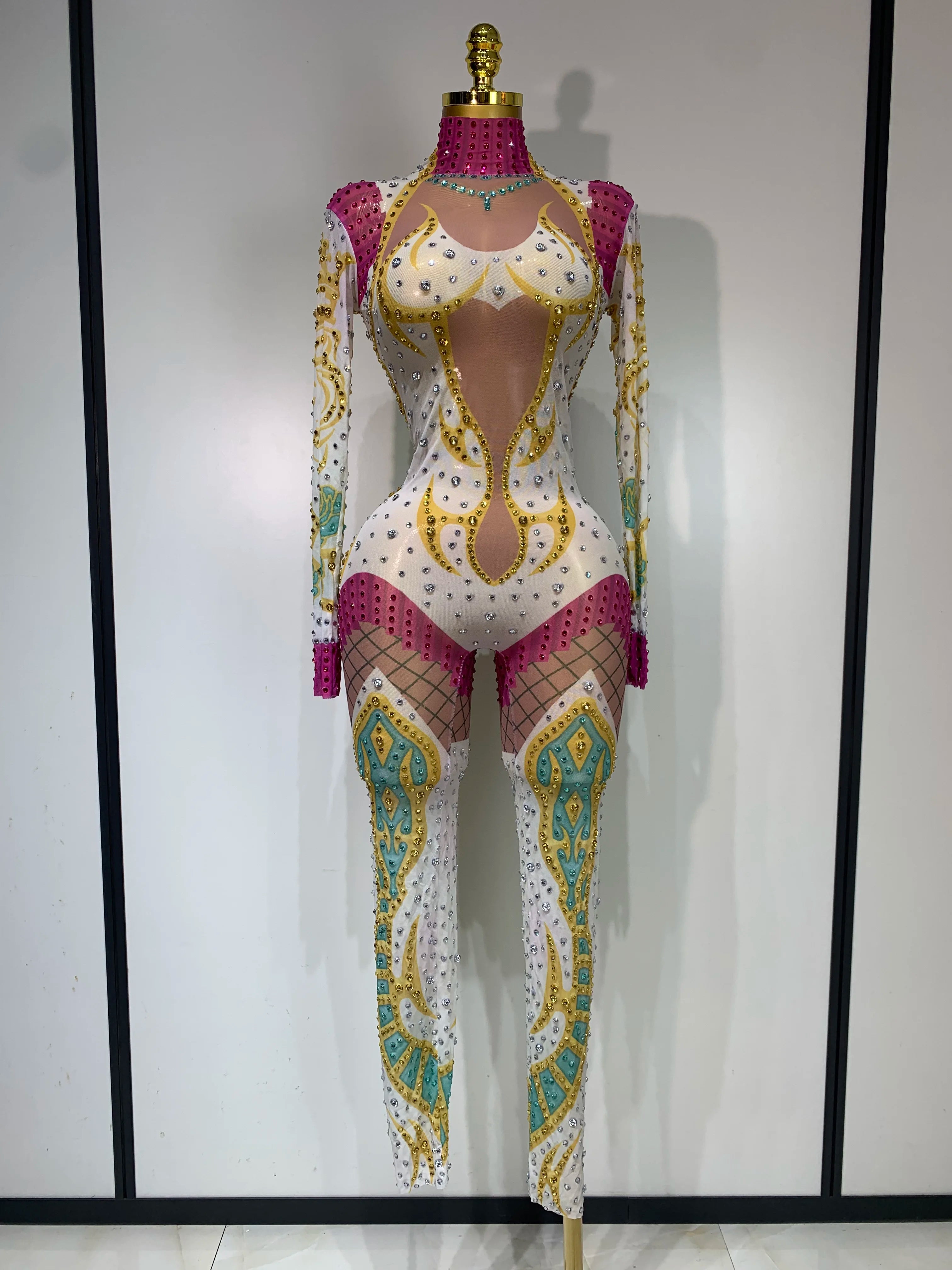 Sparkly Rhinestones Jumpsuit Fashion High Street Sexy Printed Stretch Dance Costume Singer Nightclub Stage Perform Outfit