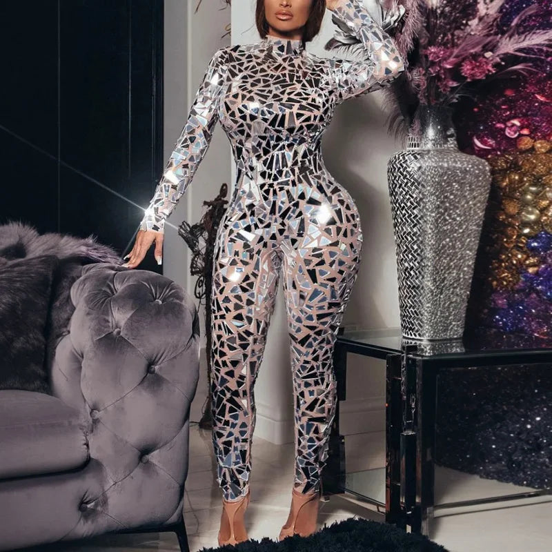 Glitter Silver Laser Mirror Long Sleeve Jumpsuit Women Bar Stage Performance Costume Holiday Party Turtleneck Sequin Costume