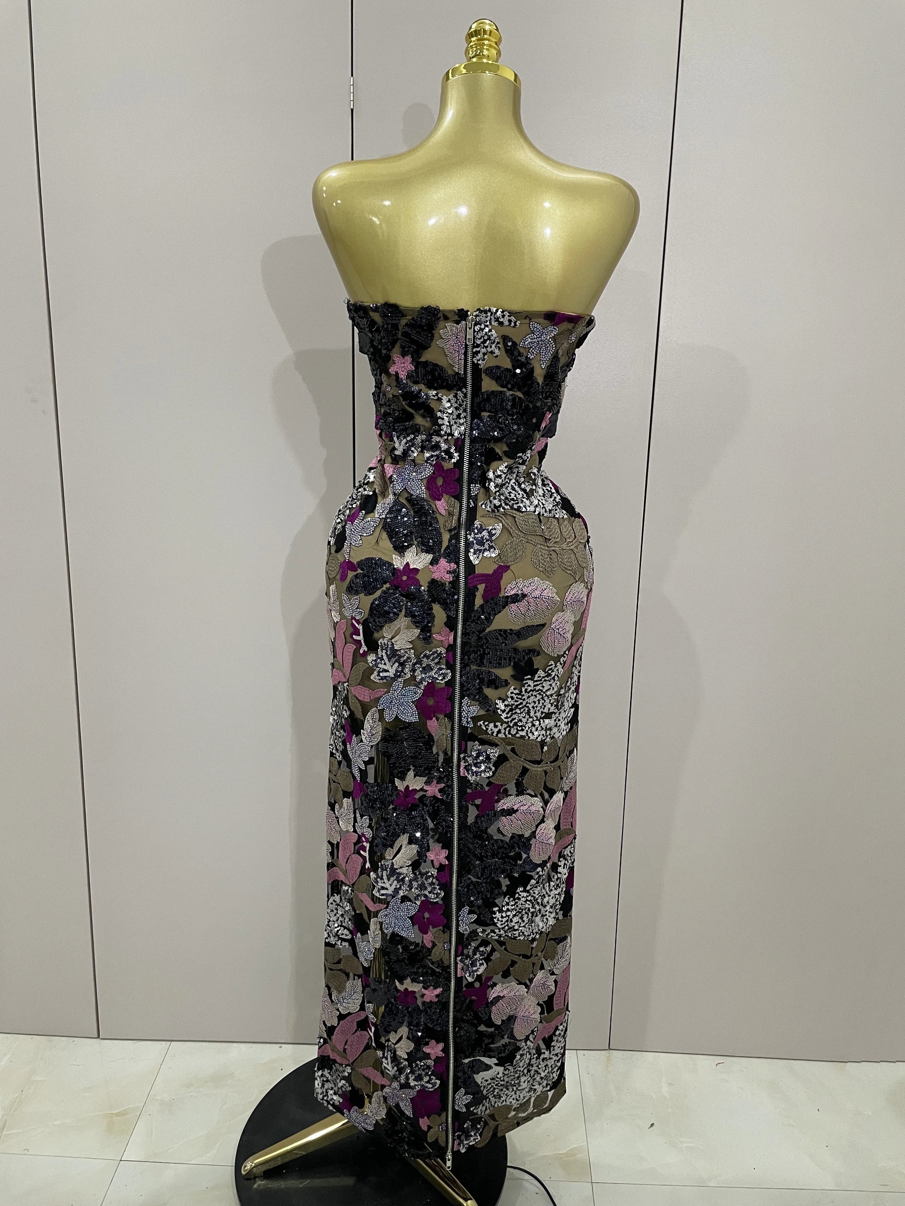 New Sexy Strapless Floral Sequin Long Dress Women Sequins Flower Backless Long Slim Dress Evening Party Runway Gown Dress