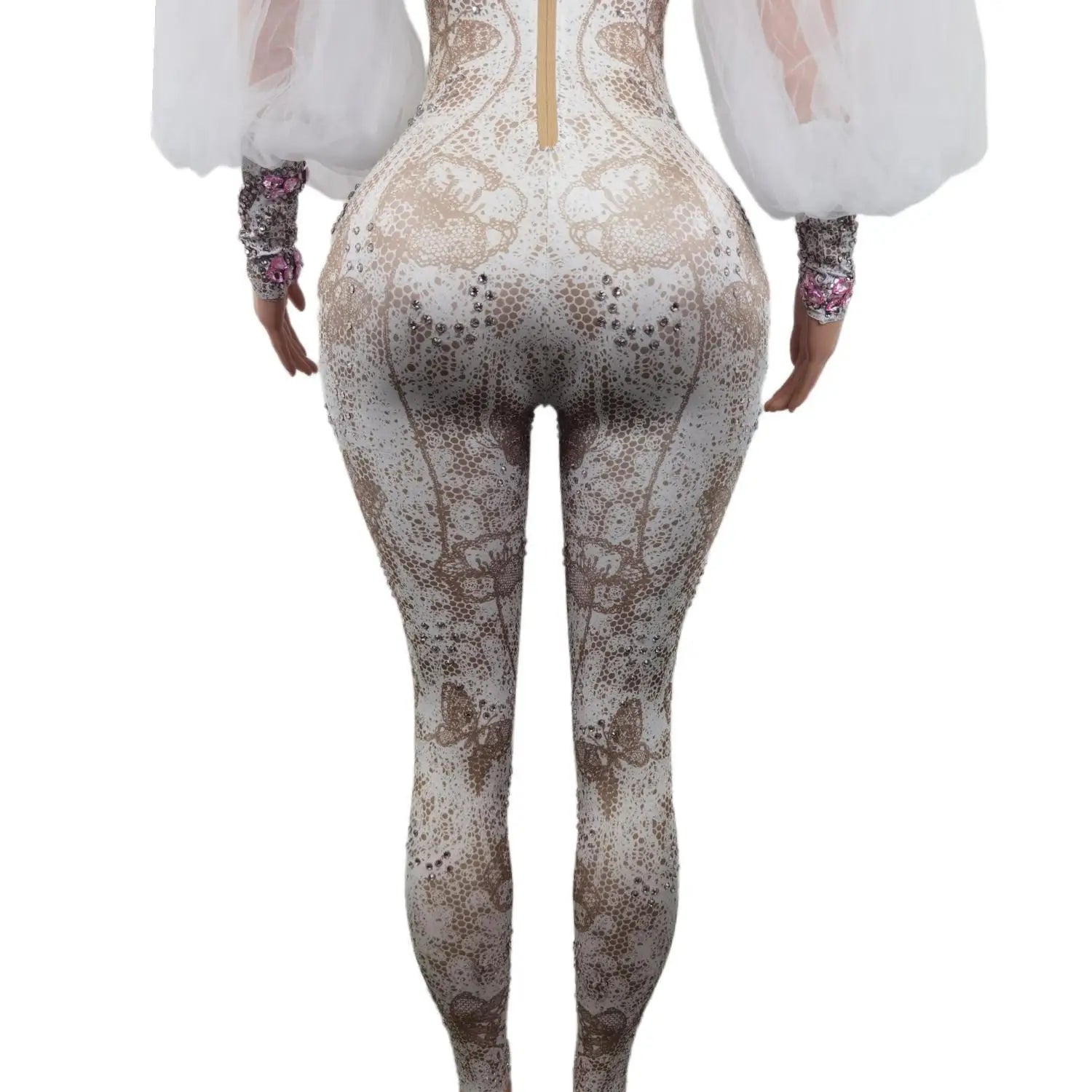 Fashion White Lace Puff Sleeve Rompers Dancer Sexy Bodysuit Tight Fitting Rhinestone Jumpsuit Woman Birthday Party Festival Wear