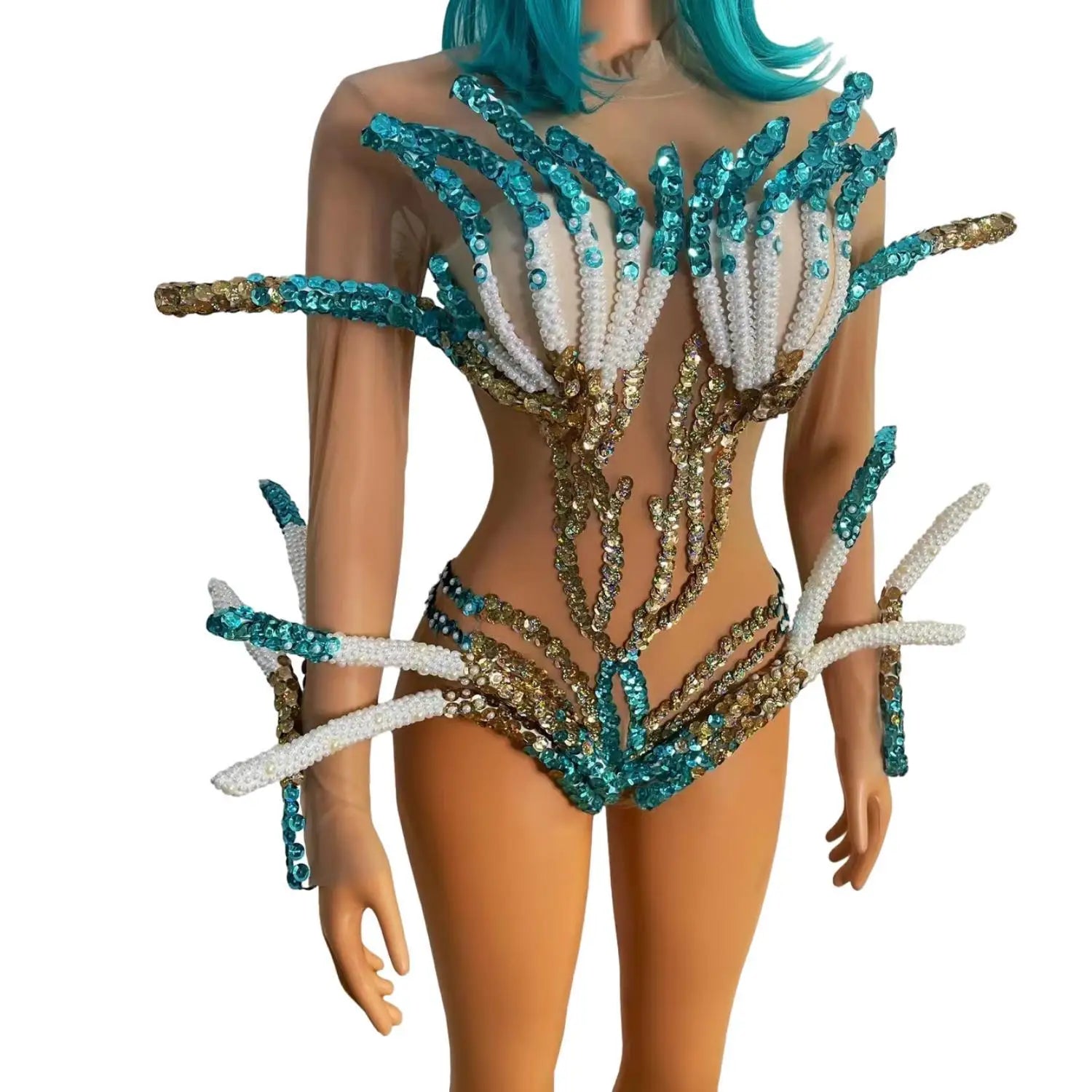 Women Halloween Costumes Crystals Bodysuits Headwear Set gig Party Performance Wear Carnival Rave Festival Drag Costume