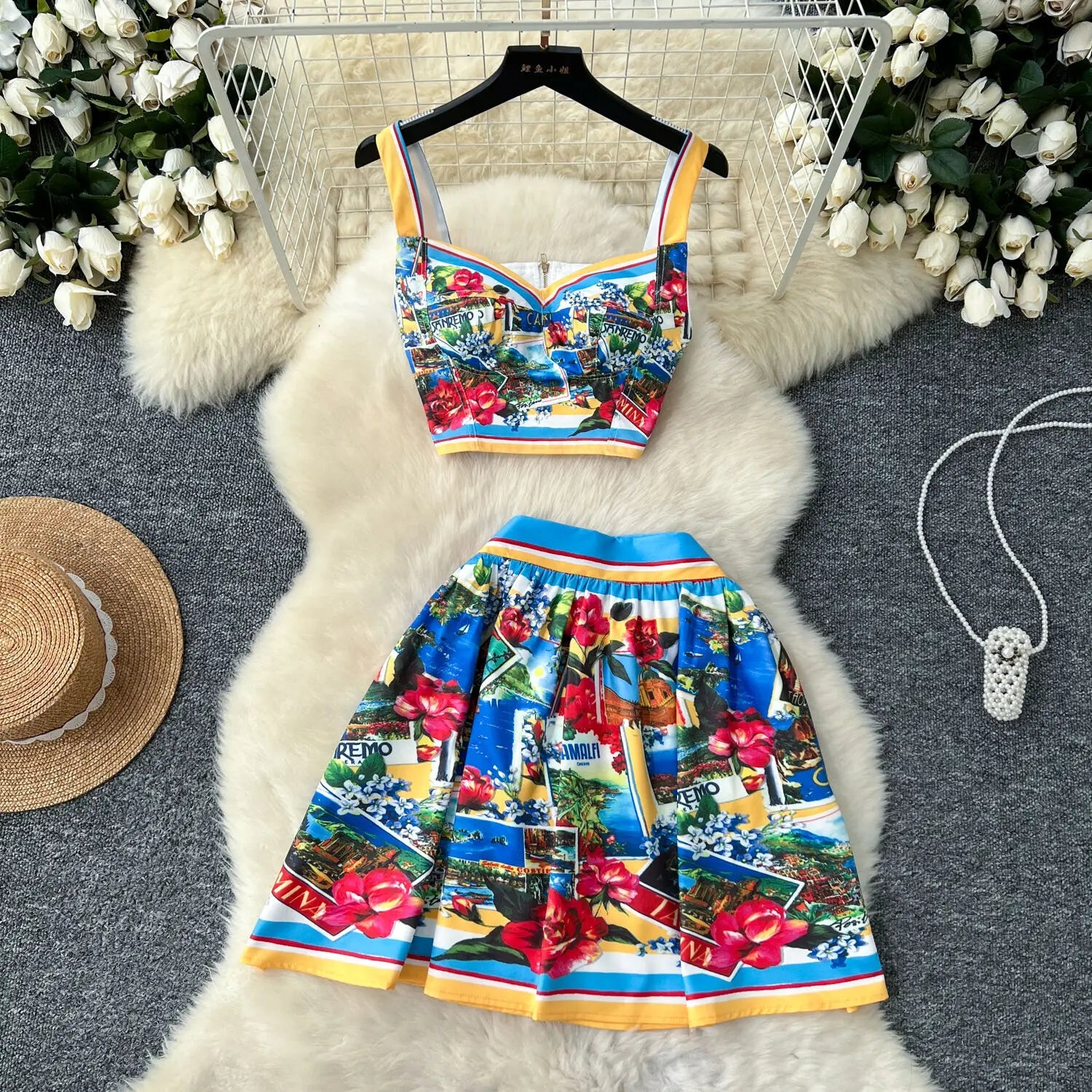 Fashion Summer Holiday Sexy Crop Tops And Mini Short Skirts 2pcs Outfits Women's Purple Flower Print Two Piece Sets