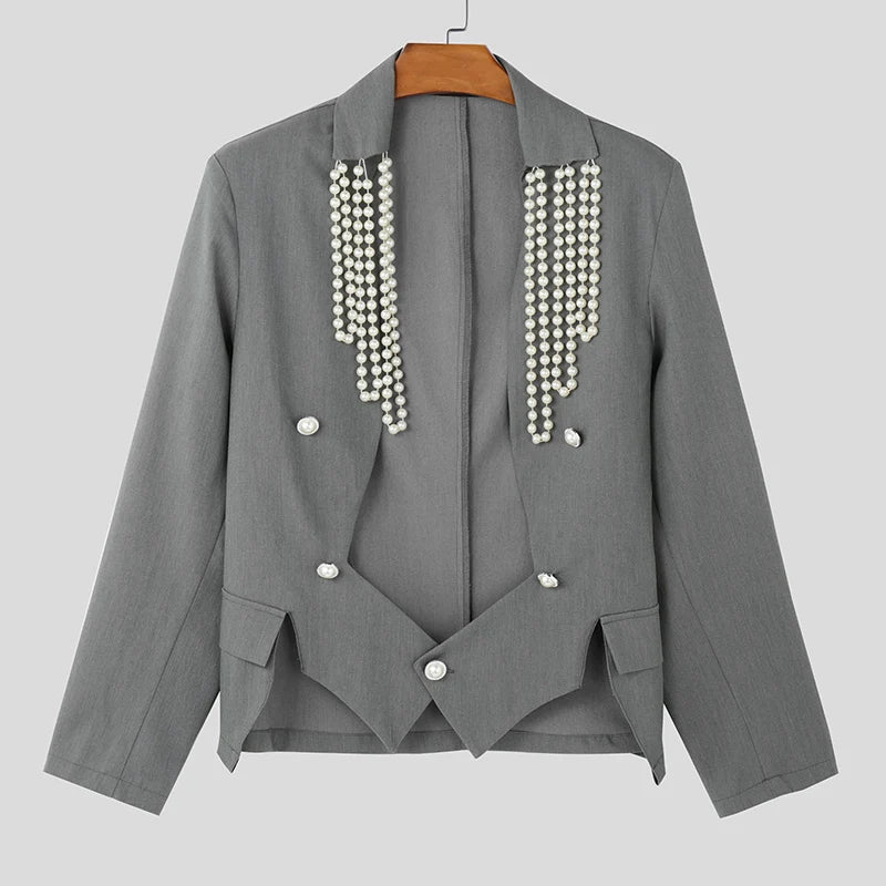 Tops American Style Fashion Men Pearl Decoration Design Suit Casual Simple Male Solid Long Sleeved Blazer