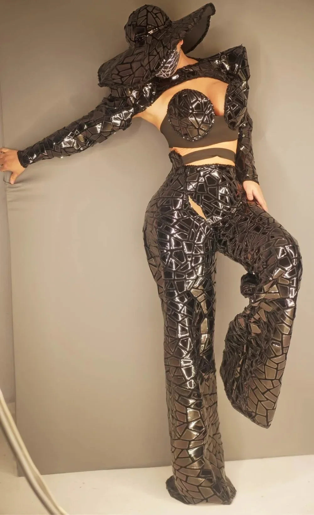 Set Women DJ Dancer Black Sequins Mirror Bra Pant Shawl Cap Outfit Singer Show Sexy Stage Wear Bar Party Rave Reflective Costume