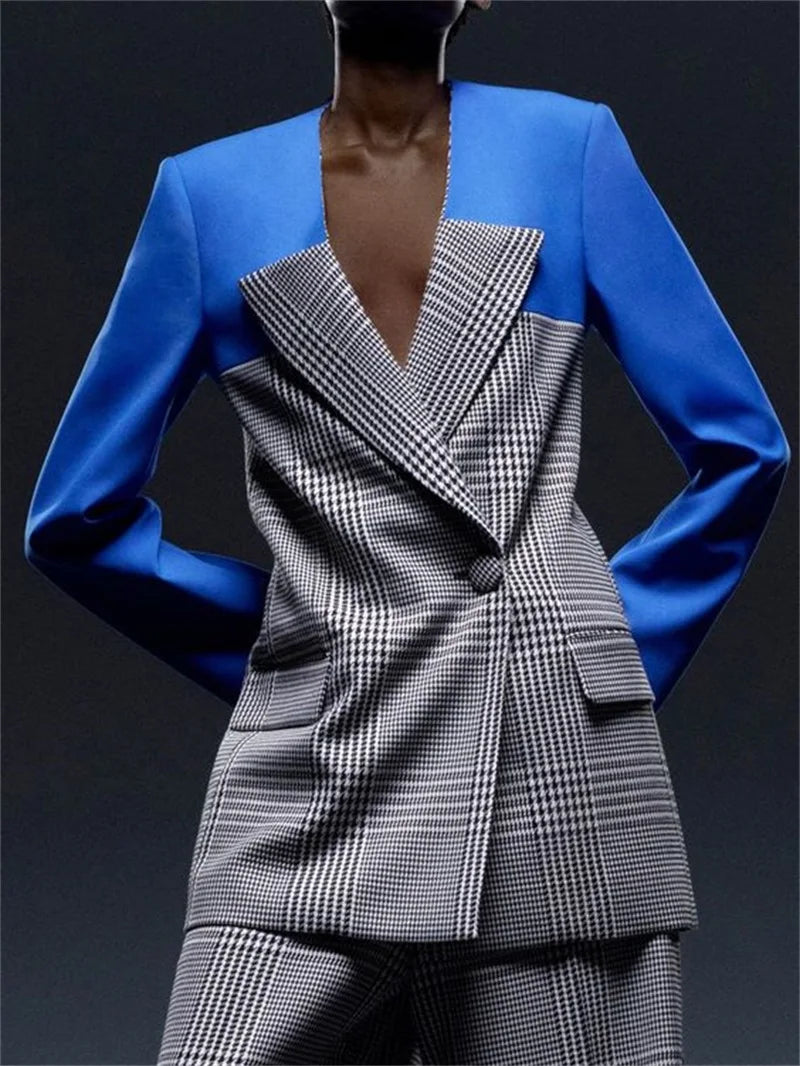 Fashion Houndstooth Women Suits Set 2 Pcs Custom Made Stitching Color Blazer+Pants Red Carpet Designer Oversize Party Prom Dress