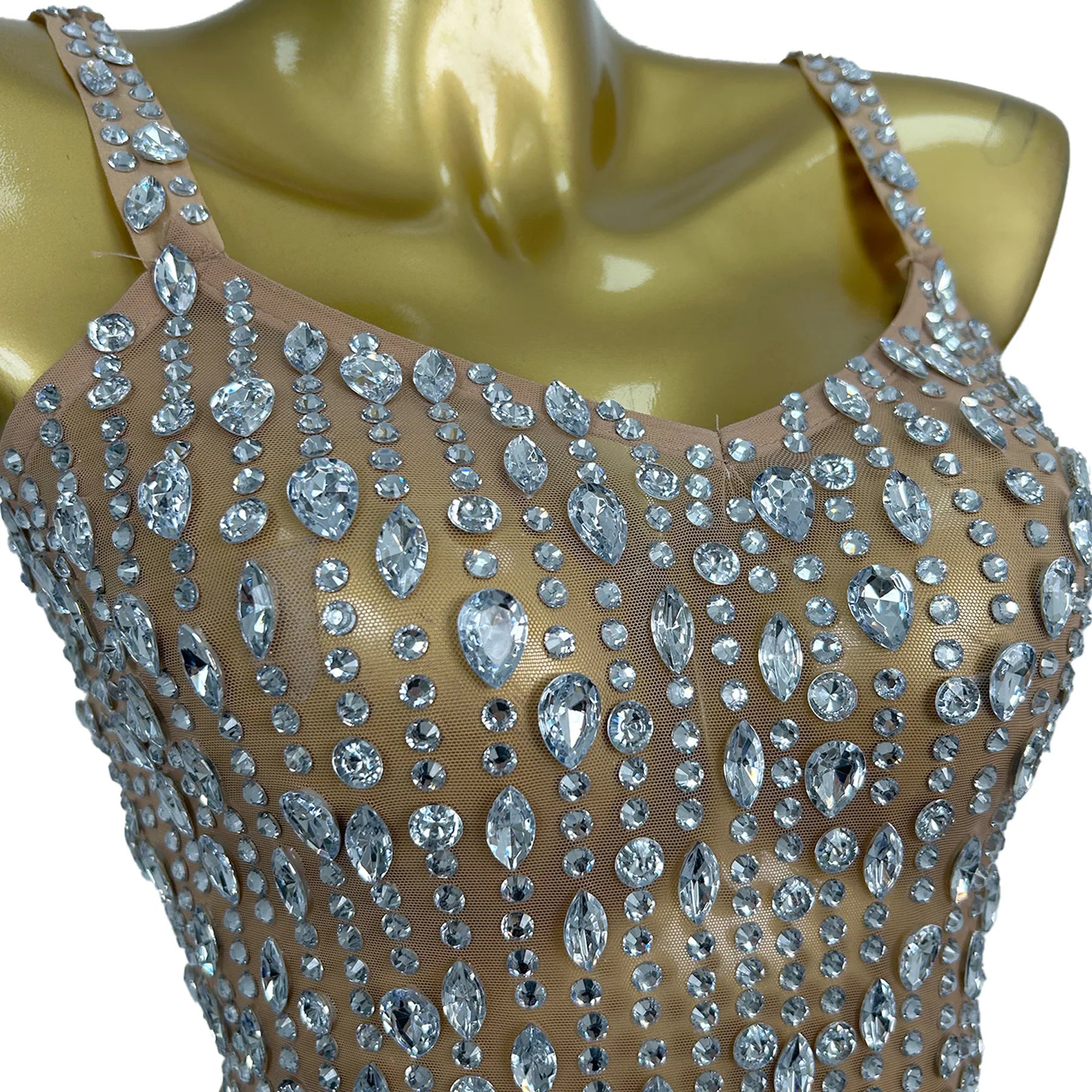 Sparkly Silver Crystals Slip Mini Dress Women SexySee Through Mesh Cocktail Dress Birthday Party Event High-end Outfit