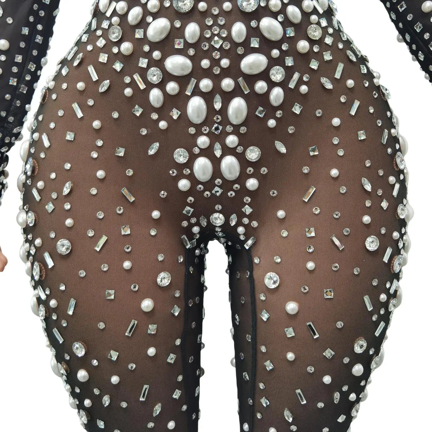 Women Stage Big Pearls Rhinestones Stretchy Transparent Jumpsuit Evening Birthday Celebrate Outfit Sexy Dancer Bodysuit