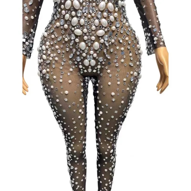 Sexy Stage Big Pearls Crystals Rhinstones Transparent Jumpsuit Evening Birthday Celebrate Outfit Dancer Photoshoot Rompers