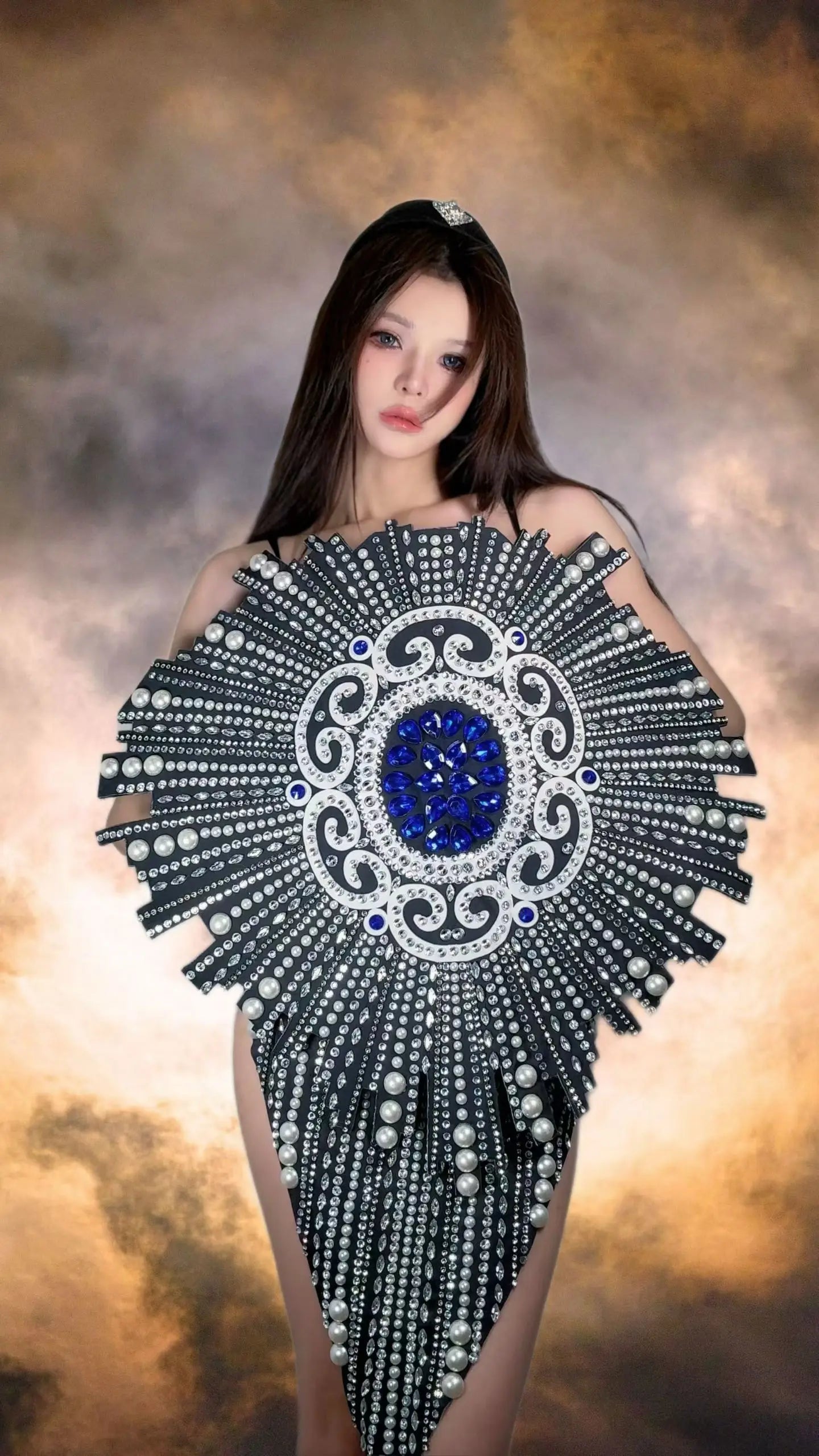 Showgirl Dance Sparkly Rhinestone White Pearls Black Bodysuit Club Drag Queen Performer Wear Masquerade Dress-up Outfit