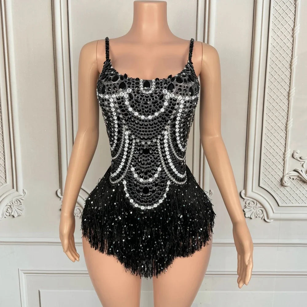 Sparkly Rhinestones Tassels Bodysuit for Women Sexy Show Performance Dance Costume Nightclub Outfit Singer Dancer Stage Wear