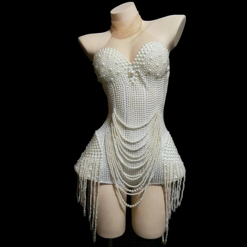 New Women White Pearls Beading Bodysuit Jazz Dance Rave Outfit Evening Stage Show Costume Prom Birthday Bar Singer Clothes