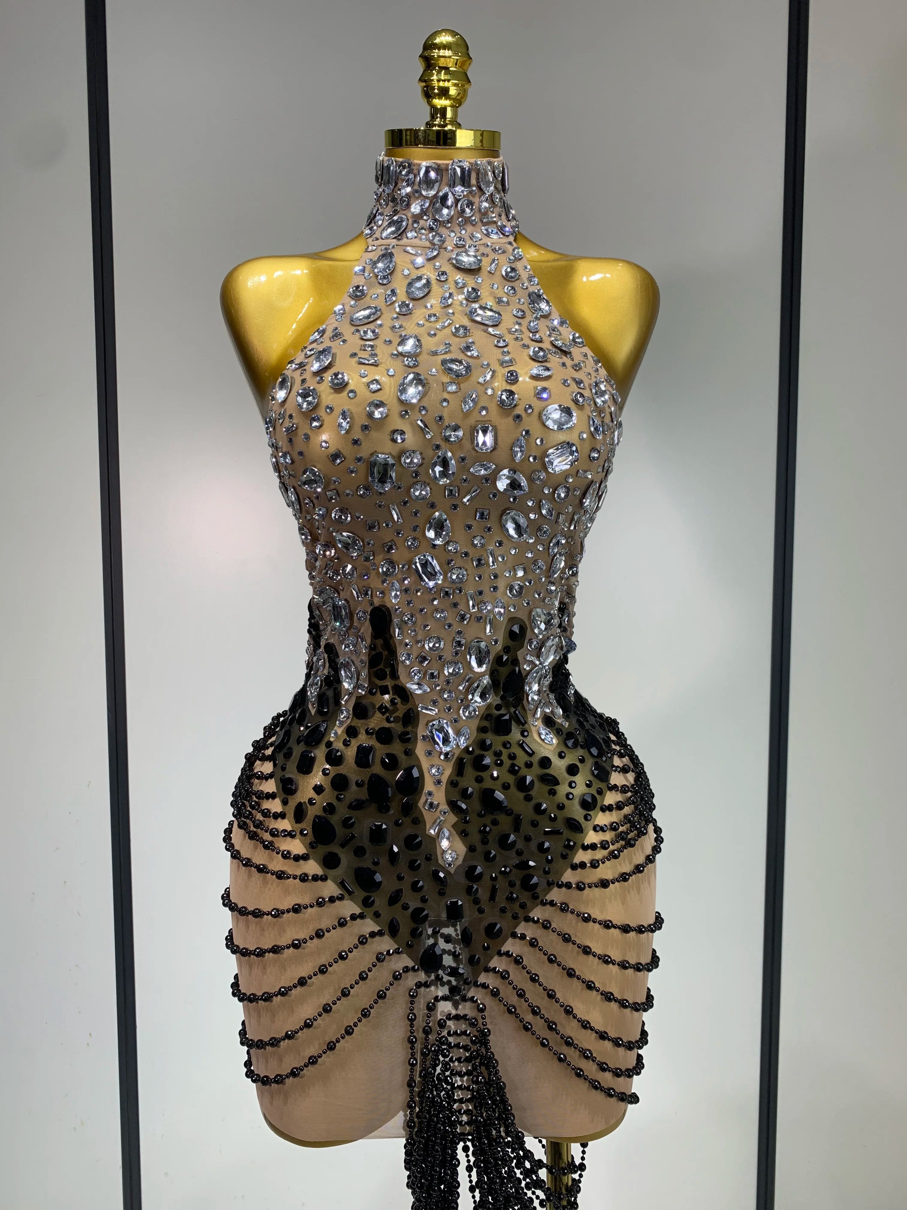 Sparkly Crystals Beading Short Dress Women Sexy Backless Mesh See Through Evening Prom Celebrate Birthday Dress Photo Shoot Wear