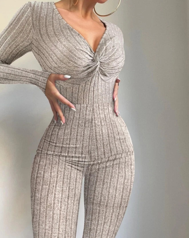 Jumpsuit Women Spring Fashion Twisted Long Sleeve Ribbed Casual Plain Plunge Skinny Home Daily Long Jumpsuit One Pieces