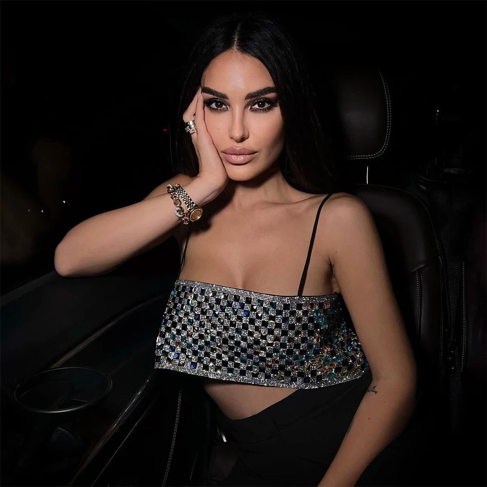 Shiny Crystal with Acrylic Tube Top Sleeveless Back Adjustable Top Sexy Ladies Open Air Film