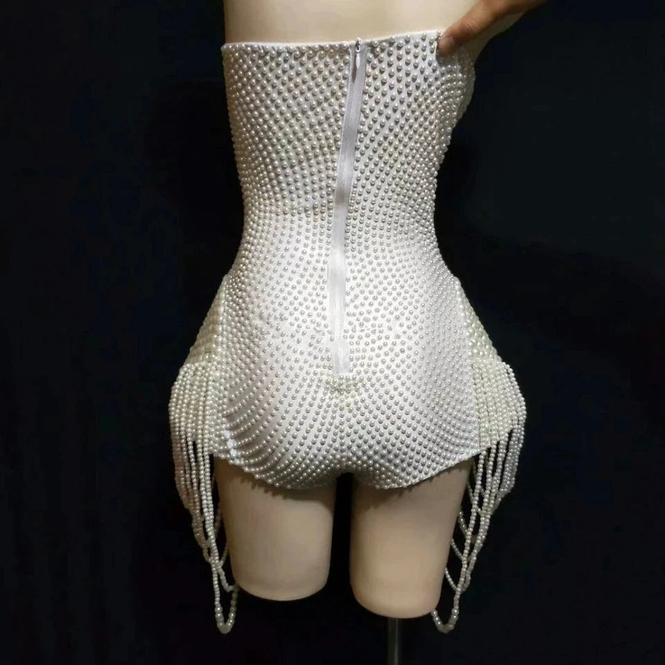 New Women White Pearls Beading Bodysuit Jazz Dance Rave Outfit Evening Stage Show Costume Prom Birthday Bar Singer Clothes