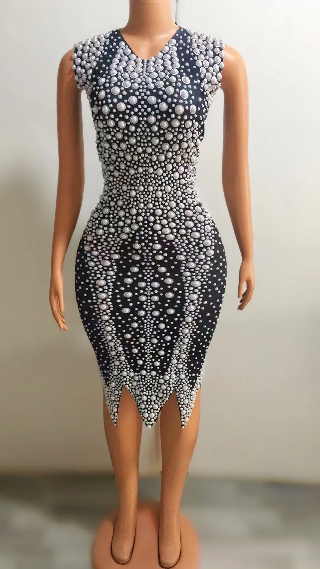 Sexy White Pearls Spandex Dress Evening Birthday Celebrate Party Sleeveless Costume Women Dance Show Nightclub Dress